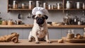 dog in a kitchen A pug puppy wearing a tiny chef\'s hat and apron, standing on a stool in a kitchen, hilariously Royalty Free Stock Photo