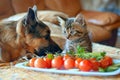 Dog and kitten sharing a vegetable platter, cozy room, side view, friendship meal, heartwarming art , Prime Lenses Royalty Free Stock Photo