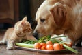 Dog and kitten sharing a vegetable platter, cozy room, side view, friendship meal, heartwarming art , Prime Lenses Royalty Free Stock Photo