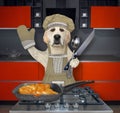 Dog cooks chicken on gas stove Royalty Free Stock Photo