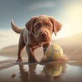 Dog labrador play summer activity. Labrador retriever dog breed playing ball toy in summer beach Royalty Free Stock Photo