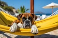 Dog Laid-Back Boxer: Unwinding on Vacation on the beach. Generative AI Royalty Free Stock Photo