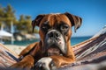 Dog Laid-Back Boxer: Unwinding on Vacation on the beach. Generative AI Royalty Free Stock Photo