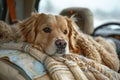 dog laying on blanket in the back seat of car near steering wheel Royalty Free Stock Photo