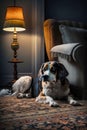 Dog laying on the floor next to chair and lamp in room. Generative AI Royalty Free Stock Photo