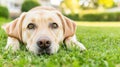 A dog laying on the grass with its eyes closed, AI Royalty Free Stock Photo
