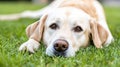A dog laying on the grass with its head down, AI Royalty Free Stock Photo