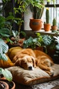 A dog laying on a pillow in front of a window surrounded by plants. Generative AI Royalty Free Stock Photo