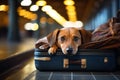 A dog laying on top of a piece of luggage. Generative AI image.