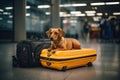 A dog laying on top of a piece of luggage. Generative AI image.