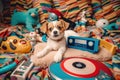 A dog laying on top of a pile of toys. Generative AI image.