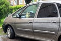 Dog left alone in locked car. Abandoned animal concept