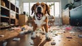 The dog left at home caused a mess in the room with scattered things, broken dishes, dirt. Concept of missing the owner,