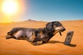 Dog lies in sunny desert looking at smartphone, nomophobia, Internet addiction