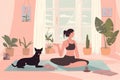 dog lifestyle woman training sport body yoga cartoon home fitness stretching. Generative AI. Royalty Free Stock Photo