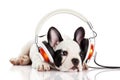 Dog listening to music with headphones Royalty Free Stock Photo