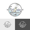 Dog logo design with sea, mountains, surfing board, animal sports symbol, vector illustration Royalty Free Stock Photo