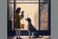 dog looking inside petshop from outside, dog loving woman inside, flat vector ?llustration, generative Ai