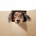 dog looking out of the cardboard box