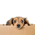 dog looking out of the cardboard box