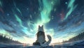 Dog looks at the Aurora borealis, polar lights. Japanese animation style
