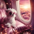 Dog looks out the window of an airplane. Hand near the porthole. Dog on the plane generative ai. Airplane wing, scenic view. Royalty Free Stock Photo