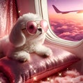 Dog looks out the window of an airplane. Hand near the porthole. Dog on the plane generative ai. Airplane wing, scenic view. Royalty Free Stock Photo