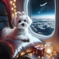 Dog looks out the window of an airplane. Hand near the porthole. Dog on the plane generative ai. Airplane wing, scenic view. Royalty Free Stock Photo