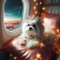 Dog looks out the window of an airplane. Hand near the porthole. Dog on the plane generative ai. Airplane wing, scenic view. Royalty Free Stock Photo