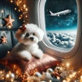 Dog looks out the window of an airplane. Hand near the porthole. Dog on the plane generative ai. Airplane wing, scenic view. Royalty Free Stock Photo