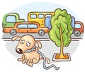 A dog is lost in a busy city street Royalty Free Stock Photo