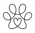 Dog love or cat paw footprint and heart in continuous one line drawing logo. Minimal line art. Animal in heart. Pets