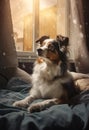 The dog is lying on the bed, and it is raining outside the window. Close-up portrait of an Australian Sheepdog