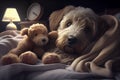 Dog lying in bed under blanket, sick and unwell pet concet. Generative AI