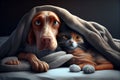 Dog lying in bed under blanket, sick and unwell pet concet. Generative AI