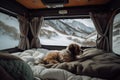 A dog lying on cozy bed inside of camper van with view on mountains. Generative ai