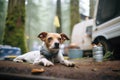 dog lying at rv steps in forest campsite