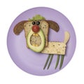 Dog made with bread and vegetables on plate