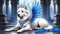 The dog is a majestic creature with pure white fur and bright blue wings.