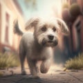 Dog maltese in walking activity. Cute dog maltese breed walking outdoor activity in street background.