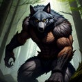 Dogman cryptid in forest. Werewolf half human half wolf canine. AI Generated Image.