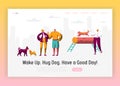 Dog and Man Spend Time Together Landing Page. Owner Training Command Different Funny Dog. Happy Man Play with Pet