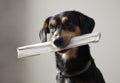 Dog with metal chain is holding newspaper Royalty Free Stock Photo