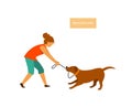 Dog misbehaving tugging biting on a leash during walking vector illustration