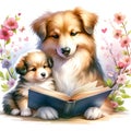 Mom Dog is reading a storybook to her kid, Watercolor clipart, Mother\'s Day. Mom gift.