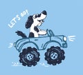 Dog monster, truck funny cool summer t-shirt print design. Racing car. Speed sport buggy big foot Royalty Free Stock Photo