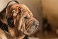 Dog with music headphones