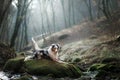 Dog in nature in the morning. Australian shepherd at sunrise near the water. Pet for a walk Royalty Free Stock Photo