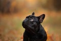 Dog on nature in the park. black english bulldog. Pet for a walk