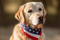 Dog with neckerchief in colors of American flag. Generative AI